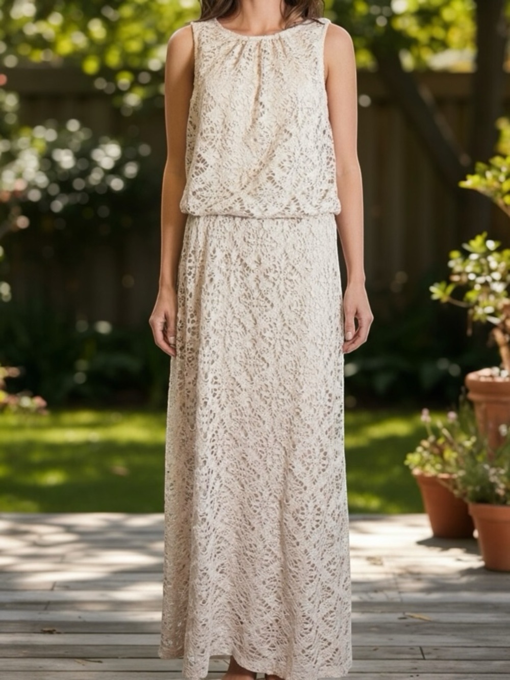 London Times Crochet Maxi Dress Size 10 Beige Boho Lined